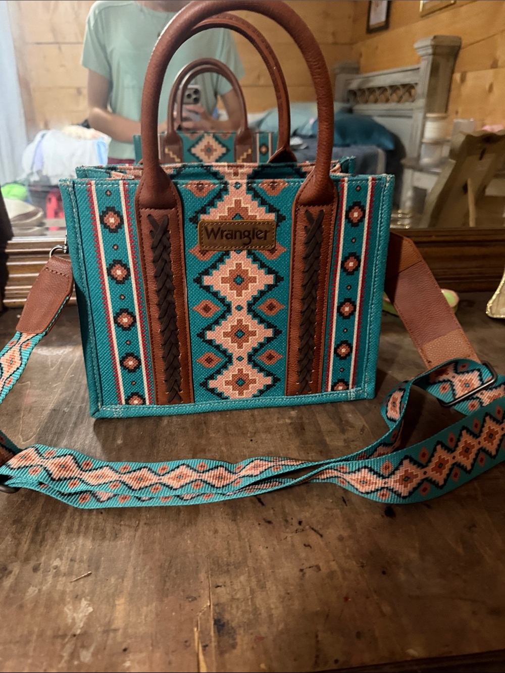 Wrangler Turquoise Southwestern Crossbody Tote with Brown Accents